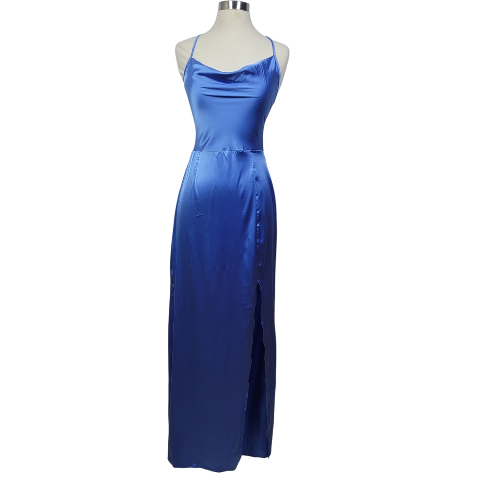 SHEIN Sexy Blue Satin Strappy Backless Maxi Glam Dress Slit Size 8-10